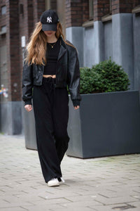 cropped black leather bomber.
