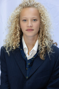 Cropped navy pinstripe blazer.