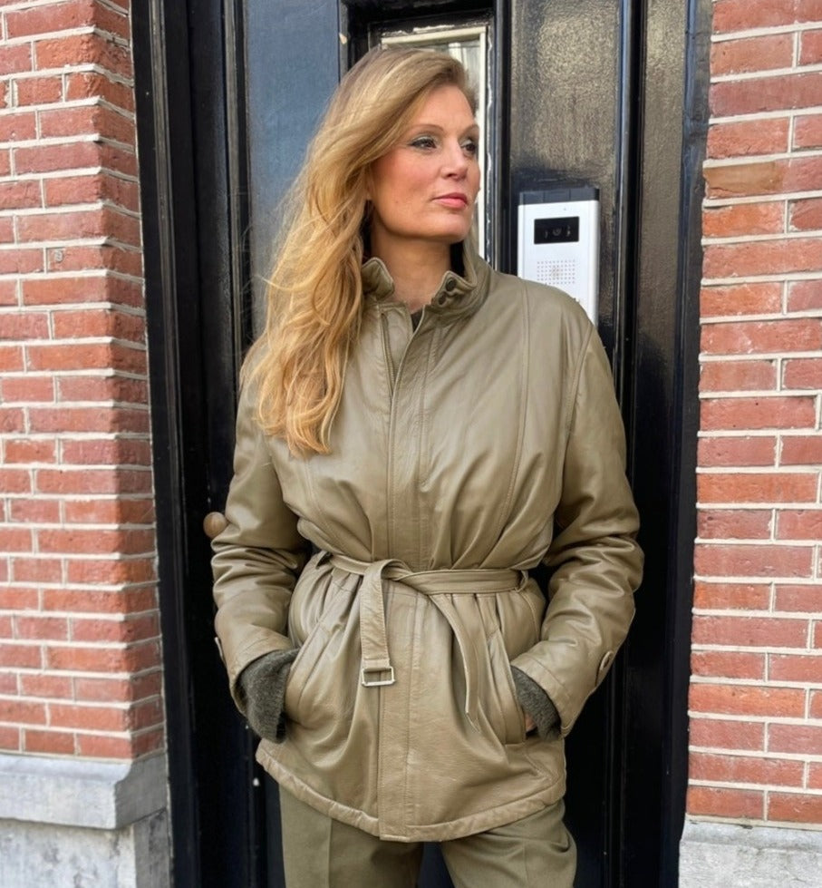 Army green soft leather jacket.