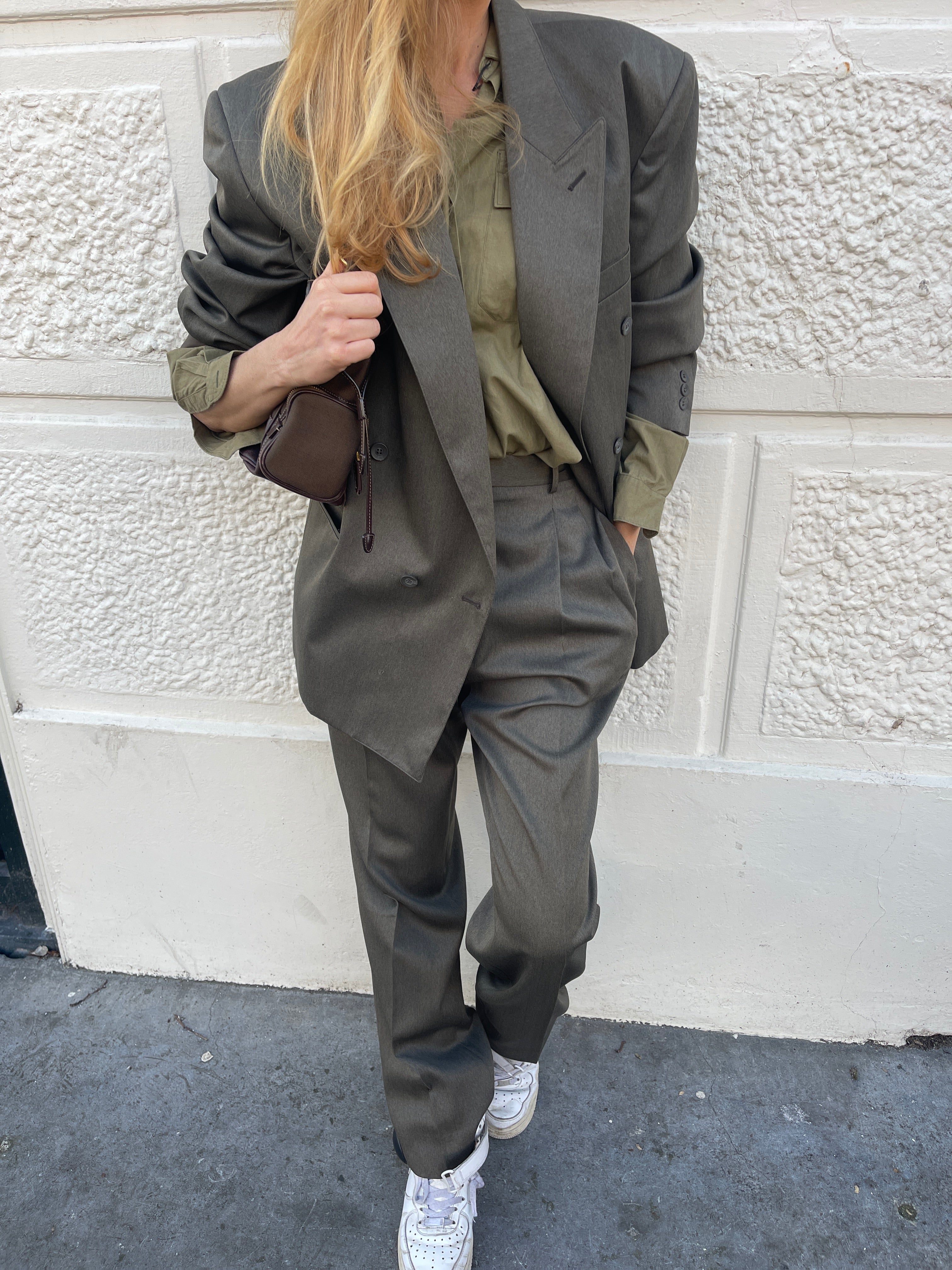 Khaki double breasted suit.