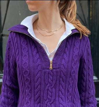 Cropped knit purple sweater with zipper by Ralph Lauren.