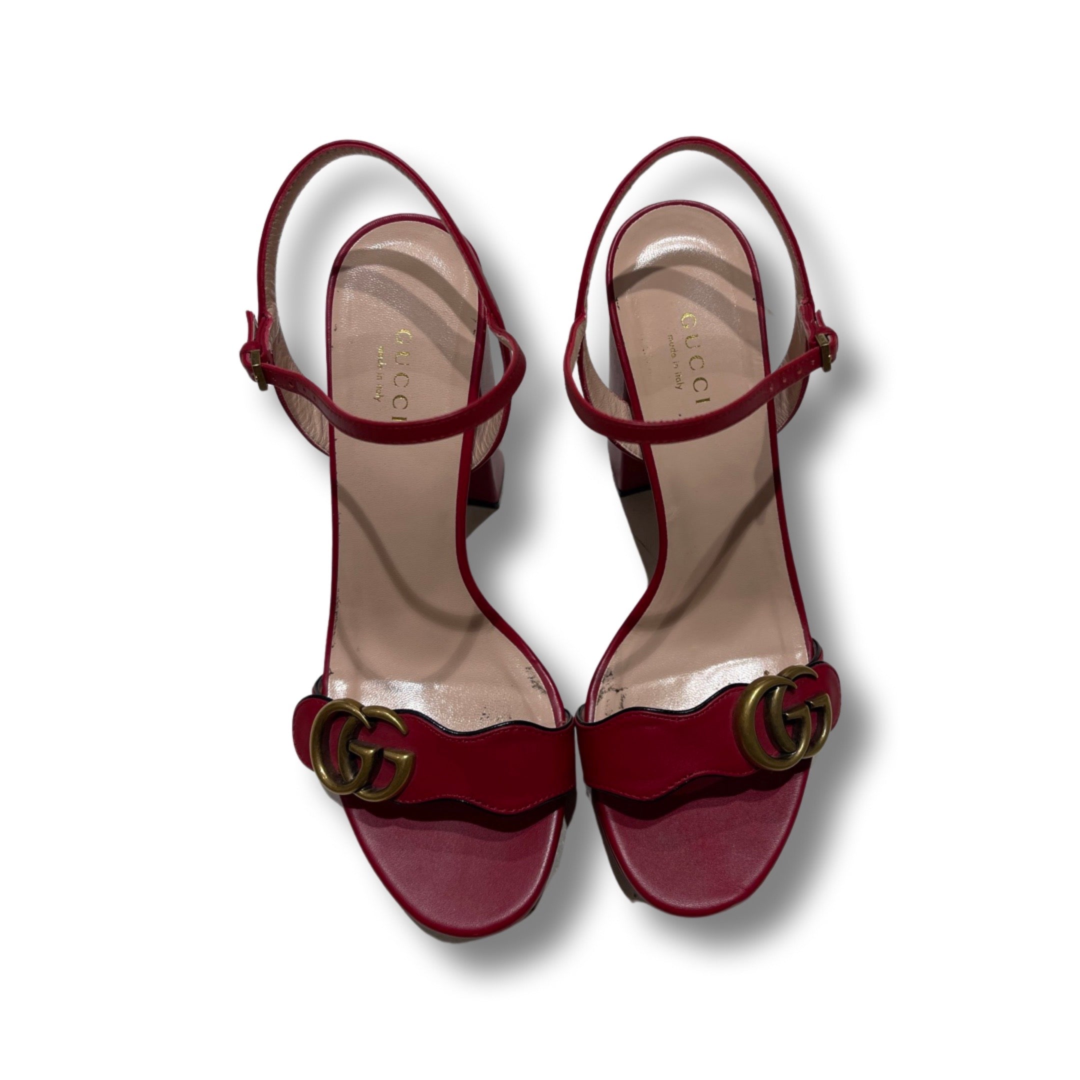 Gucci red marmont platform sandal.