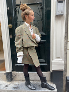 Cropped Burberry skirt suit.